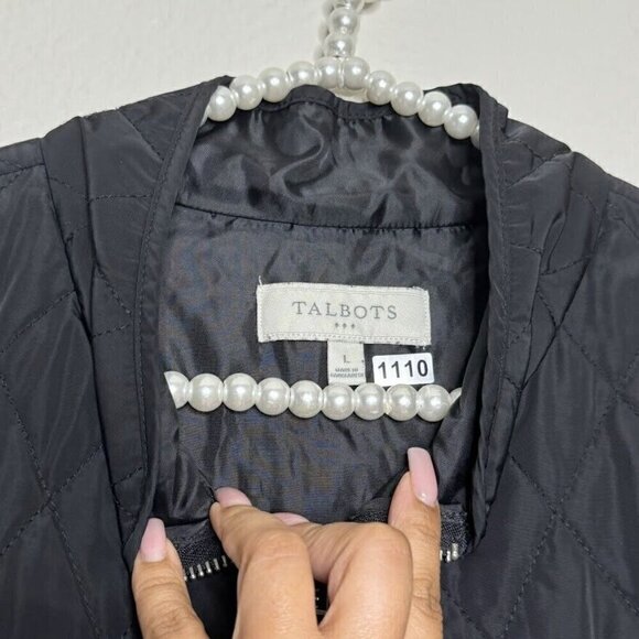 Talbots Black White Quilted Puffer Side Stripe Zip Up Front Outerwear Vest Large - Picture 4 of 8